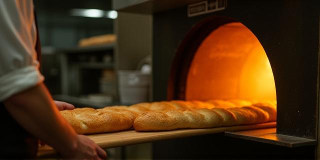 Baker pulling hot baguettes from a deck oven
