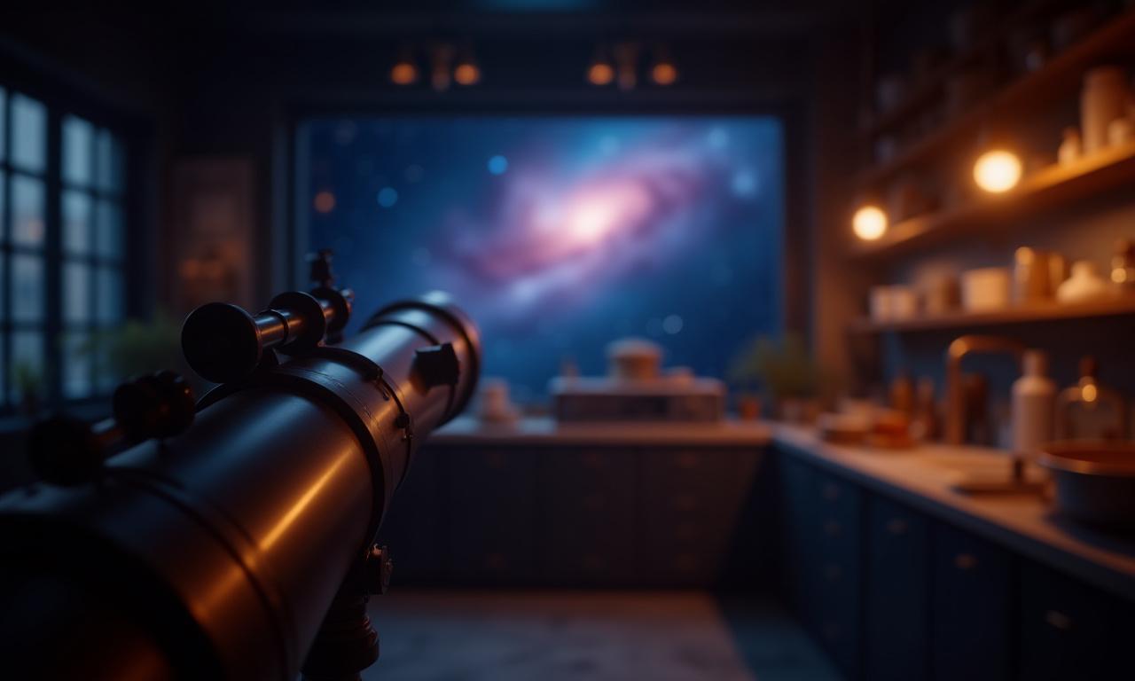 A telescope looking at the night sky over a bakery
